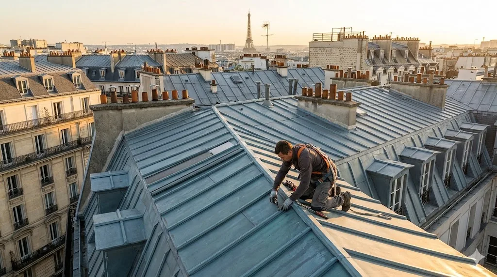 Chantier Couverture zinc — Immeuble haussmannien Paris 15e — EGE IDF